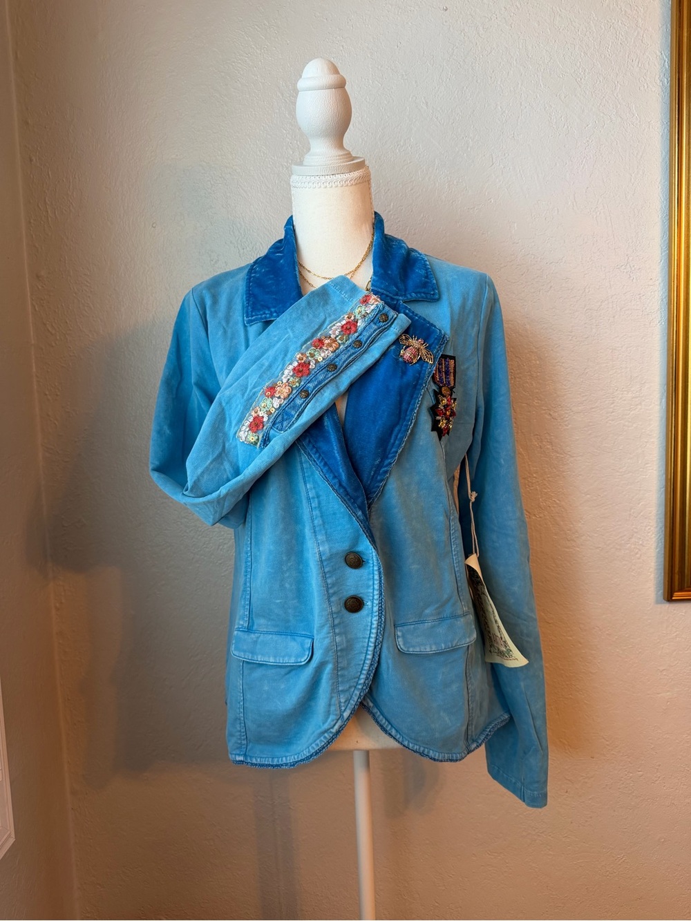 31- NWT Aratta Silent Journey  Blue Velvet Collar Embellished Blazer NWT M